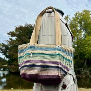 The Sak Mendocino Tote Multi Stripe Purple Crochet Double Strap Shoulder Bag